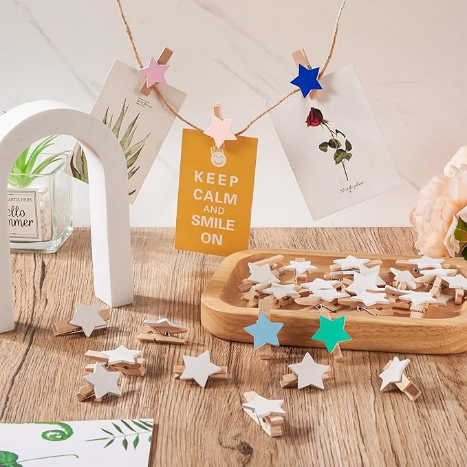 Pandahall 100Pcs Wooden Star Clothespins Photo Clips Photo Paper Pegs Clips White Mini Clothes Pins Holiday Card Holder Display with 10.9 Yards Jute Twine