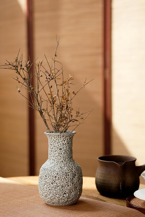 Rustic Pottery Ceramic Vase - Vintage Farmhouse Style Decor, White Grid Ceramic Vases for Home Decor, Modern Farmhouse Decor (White)