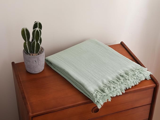 100% Cotton Muslin Throw Blanket for Bed, Couch, Small, Decorative, Soft, Pre-Washed, Breathable and Lightweight Gauze Blanket with Tassels, Suitable for All Seasons, Sage Green, 50"x60"
