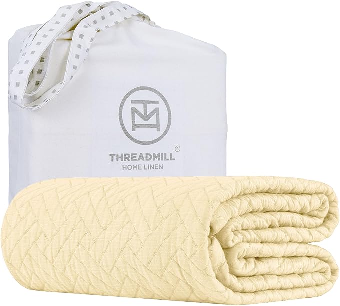 Threadmill Luxury Cotton Blankets for Queen Size Bed | All-Season 100% Cotton Queen Size Blanket |Criss Cross Jacquard Cozy Lightweight, Soft Breathable Coverlet fits Full Size Bed 90x92|Vanilla Cream
