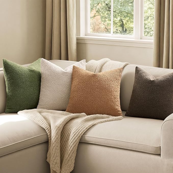 MIULEE Pack of 4 Decorative Textured Boucle Throw Pillow Covers 18x18 Inch Green Brown Accent Solid Pillow Cases Soft Couch Cushion Covers Modern Farmhouse Boho Chair Sofa Bed Livingroom Home Decor
