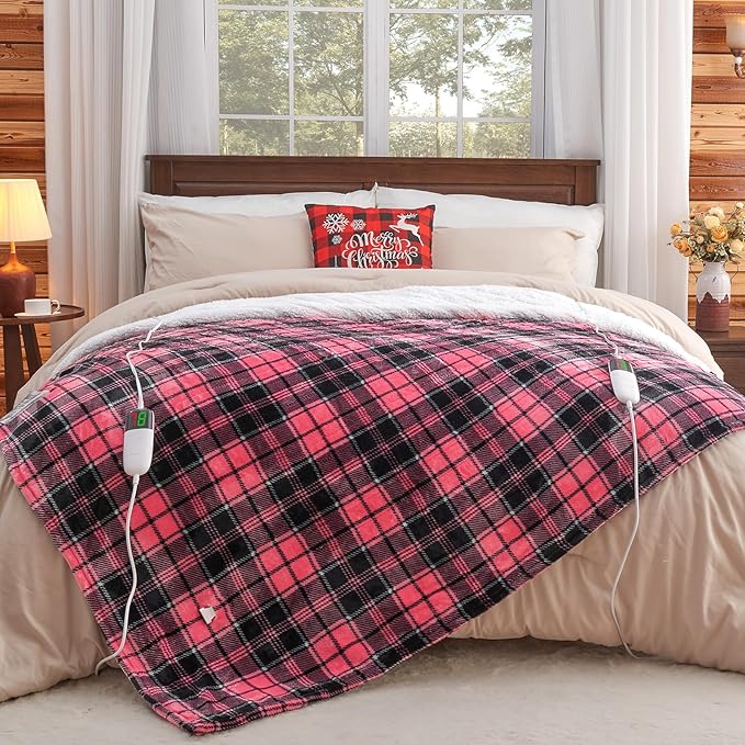 Pink Heated Blanket Electric, Queen Size 84X90, 10 Heat Levels/8 Hours Auto Off/Dual Control for Bed, Blue Plaid Checkered Sherpa Blanket Warmer for Adult, Washable Gift, ETL