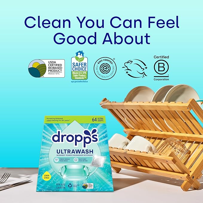 Dropps UltraWash Dishwasher Pods, Lemon Citrus (64 Count) - Biobased Power Deep Clean Dishwasher Detergent Tablets for Sparkling Shiny Dishes - No Rinse Aid or Pre-Wash Needed -Dishwashing Pods