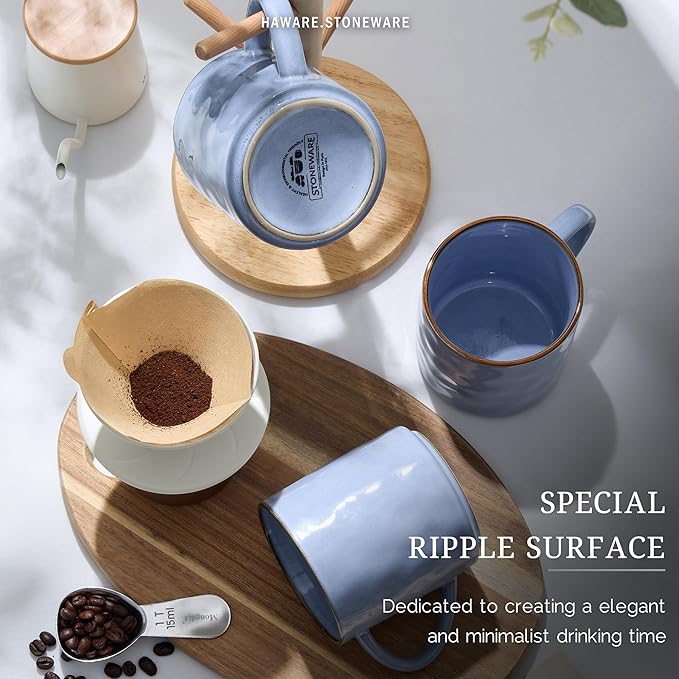 HaWare 14OZ Coffee Mugs Set of 6, Stoneware Coffee Cups with Handle, Latte Mug for Man, Woman, Dad, Mom, Modern Tea Mugs for Latte/Cappuccino/Cocoa/Milk, Dishwasher& Microwave Safe, Reactive Blue