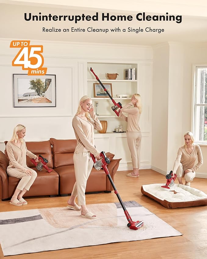 Cordless Vacuum Cleaner, 8-in-1 Lightweight Stick Vacuum with 45mins Runtime, Powerful Suction, Rechargeable Cordless Vacuum for Carpet, Tile, Pet Hair, Hardwood Floors, Red