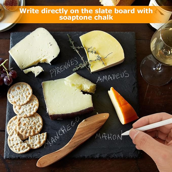 3PCS 12x12 Inch Large Slate Cheese Board with 3PCS Soapstone Chalks, Black Charcuterie Cutting Board Plates, Natural Stone Gourmet Serving Platter Tray for Cheese Sushi Pastry Bread Snack Meat Pastry