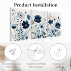 DUWQU 3 Pcs Blue Floral Canvas Wall Art, Elegant Navy Blue Wildflower Lily Daisy Art Wall Decor, Watercolor Botanical Flower Home Poster Art Prints for Living Room Bedroom Bathroom 12×16 Inches