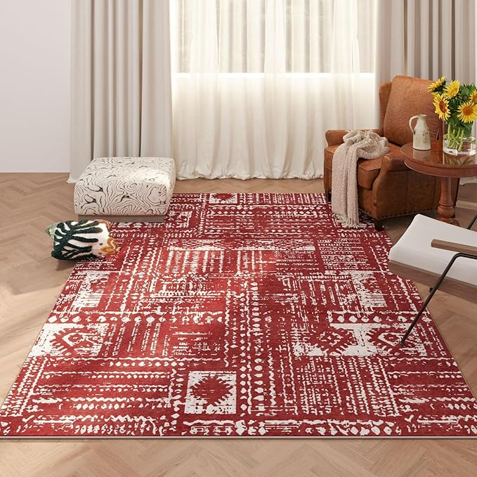Rugcomf Living Room Rug 5x7 Rug Machine Washable Boho Area Rug Non Slip Moroccan Vintage Low Pile Large Rugs for Living Room, Bedroom, Farmhouse, Dining Room, Kids Playroom(Terracotta)