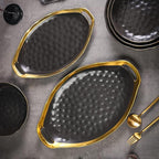 Stone Lain Florian Porcelain Large and Medium Oval Platters with Handle, Service Set, Black with Gold Rim