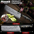Huusk Damascus Nakiri Knife 7inch - Japanese Knives with Sharp Edge and Wooden Handle, Hand Forged Chef Knives for Home Use, Meat Vegetables Fish Knives, Birthday Dad Mom Gift