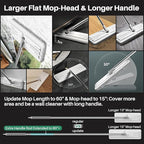 JOYMOOP Flat Mop, Microfiber Floor and Wall Cleaner, 60" Long Handle with 15" Flat Head with a Pad - White