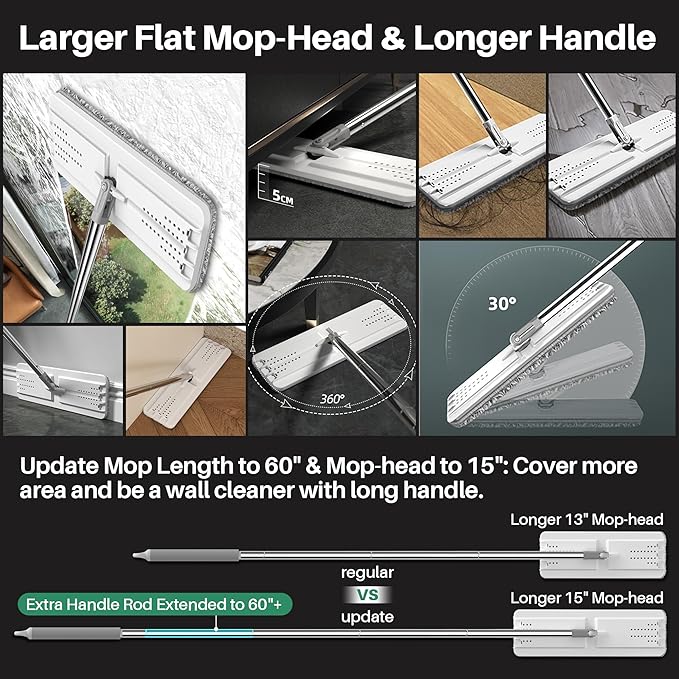 JOYMOOP Flat Mop, Microfiber Floor and Wall Cleaner, 60" Long Handle with 15" Flat Head with a Pad - White