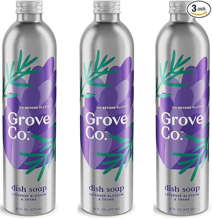 Grove Co. Ultimate Dish Soap Refills (3 x 16 Fl Oz) Removes 48-hr Stuck-on Food and Grease, Plastic Free Cleaning Products, 100% Natural Lavender Blossom & Thyme Fragrance