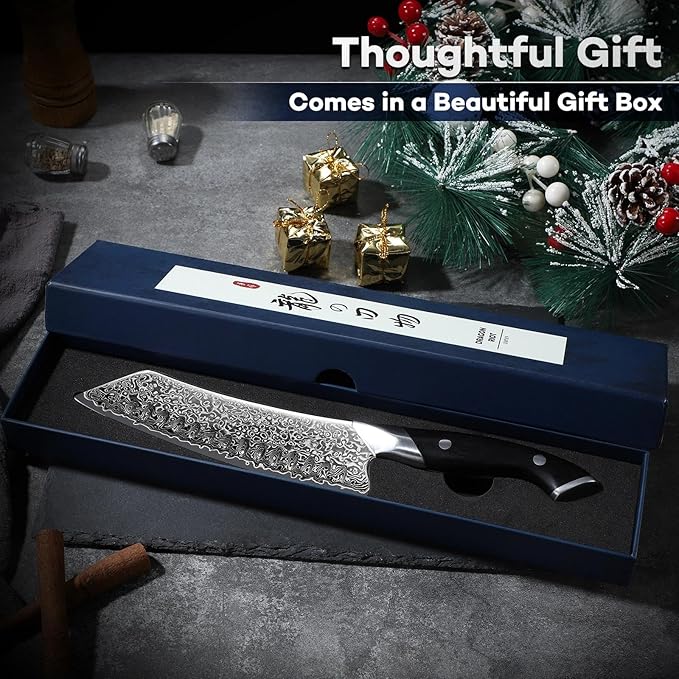 DRAGON RIOT Japanese Chef Knife, Damascus Santoku Knife with VG10 Steel Core, Ultra Sharp Handmade Kitchen Knives with Ergonomic Handle, Premium Gift Box for Mom and Dad