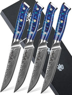 Steak Knives Set of 4, Ultra Sharp Non Serrated Kitchen Steak Knife 5 Inch - Damascus Steel & Resin Handle - Xuan Series (Sapphire Blue)