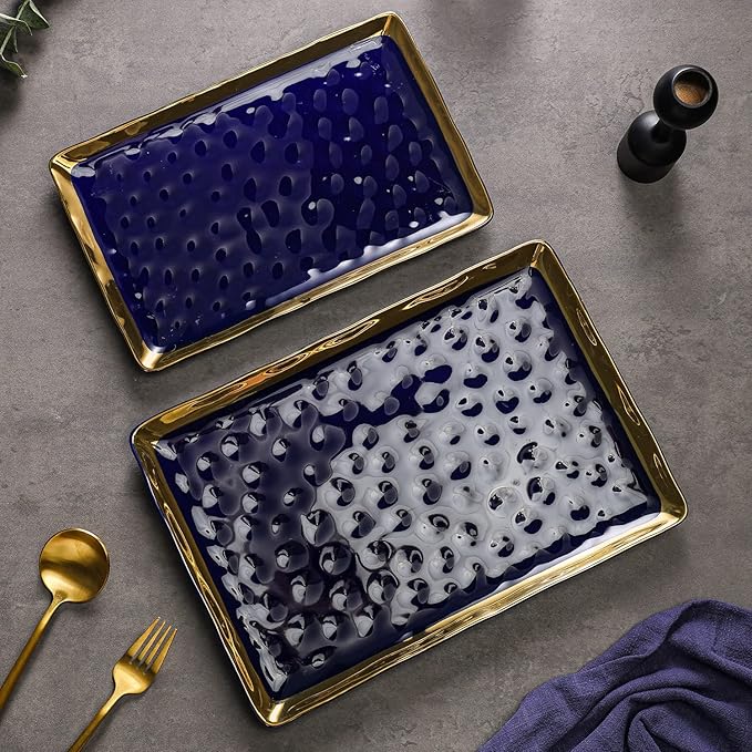 Stone Lain Florian Porcelain Large and Medium Rectangle Service Platters, Blue with Gold Rim