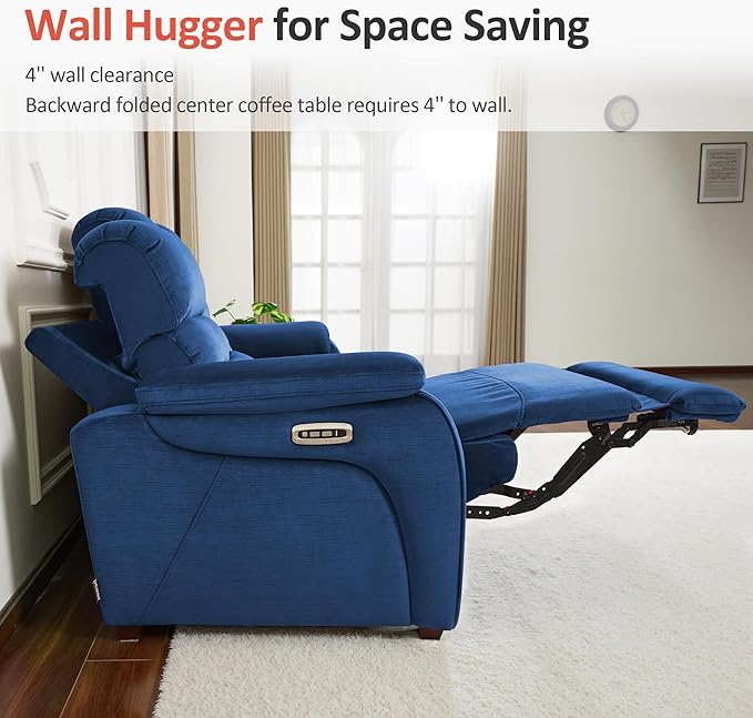 MCombo Wall Hugger Recliner Sofa with Drop Down Table, Power Reclining Sofa with Adjustable Headrest, USB A&C Charge Ports, Reading Lamp, Cup Holders, for Living Room, RVs (Fabric, ST258M3, Navy Blue)