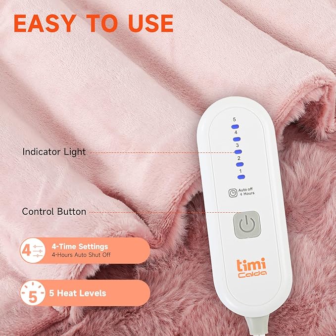 Heated Blanket Electric Twin- 62"x84" Soft Thick Bubble Electric Blanket for Sofa with 5 Heat Levels & 4 Hours Auto-Off Overheat Protection, Warm Cozy Gifts, Pink