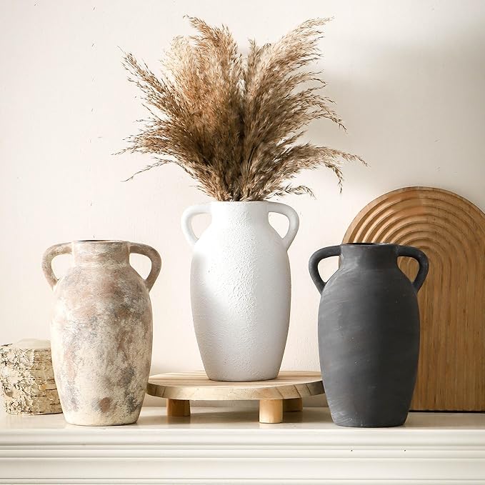 Ceramic Rustic Vase, 9.6 Inch Terracotta Rustic Vase with 2 Handles, Decorative Pottery Flower Vase for Home Decor, Living Room, Shelf Decor, Wedding, Table Decoration