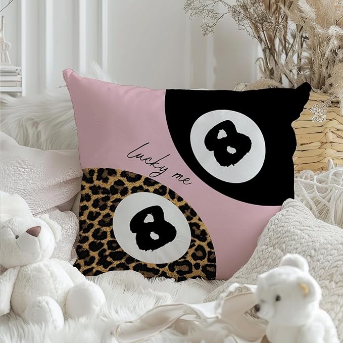 Preppy Pink Lucky 8 Ball Leopard Throw Pillow Covers 18x18, Cheetah Print Room Decor, Trendy Funky Y2K Leopard Print Motivational Decorative Pillow Covers for Girls Room Dorm Apartment