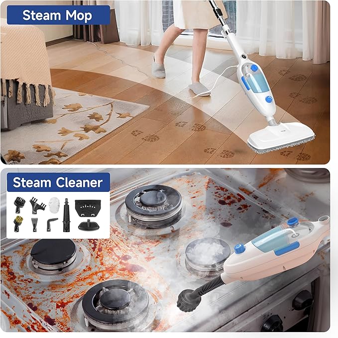 Steam Mop for Floor Cleaning, 10in1 Multi Purpose Handheld Steamer Cleaner Detachable for Vinyl, Laminate, Carpet, Tile Hard Floor Grout w/ 2 pad, 23ft Cord, 15oz Tank, Adjustable Steam & Height