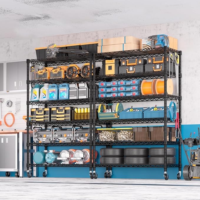 PrimeZone 6 Tier Wire Shelving with Wheels,Metal Shelf Heavy Duty Adjustable Kitchen Storage Shelves Unit, Pantry Organizer Rack Rolling for Garage Closet Laundry 36" W x 16" D x 79" H 2 Pack