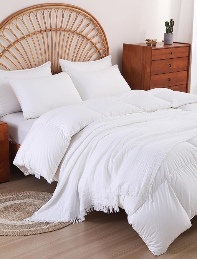 100% Cotton Muslin Throw Blanket for Bed, Couch, Small, Decorative, Soft, Pre-Washed, Breathable and Lightweight Gauze Blanket with Tassels, Suitable for All Seasons, Off-White, 50"x60"