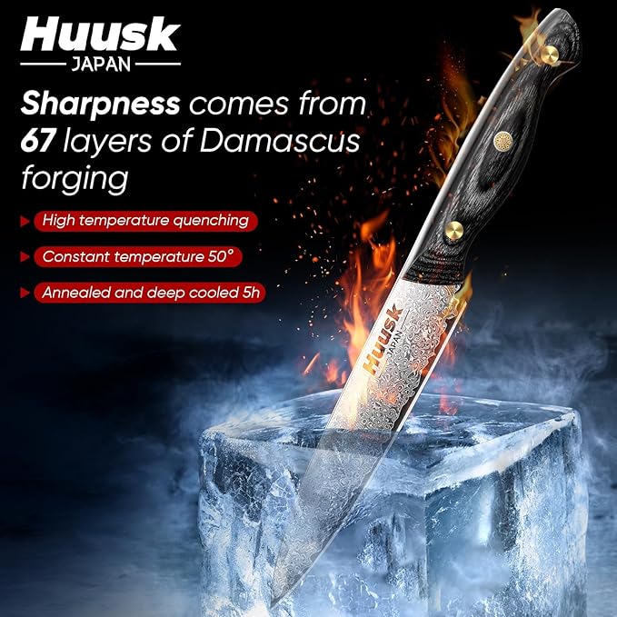 Huusk Damascus Kitchen Utility Knife, Japanes VG10 Small Chef Knife 5 inch with Ergonomic Wooden Handle, Versatile Knife for Vegetable Fruit Meat,Birthday Dad Mom Gift