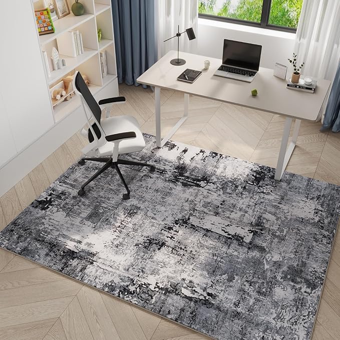 Rugcomf 4x6 Rug Washable Boho Soft Area Rug Abstract Pattern Non-Slip Faux Wool Vintage Rug for Living Room, Bedroom Rug, Farmhouse, Dining Room, Kids Playroom, Grey and Black