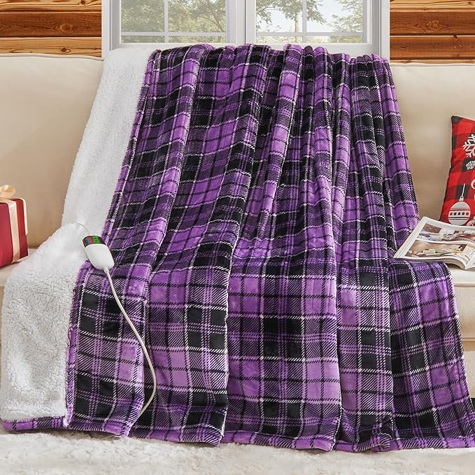 Heated Blanket Electric, Twin Size 62X84, Heating Blanket with 10 Heating Levels & 8 Hours Auto Off, Purple Checkered Plaid Sherpa Blankets Warmer for Adults, Fast Heating and Washable, ETL & FCC