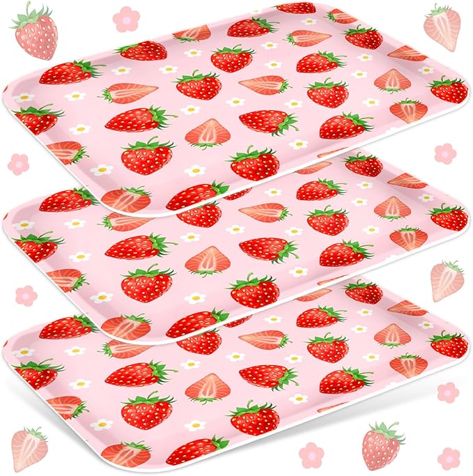 3Pcs Strawberry Serving Trays Red Pink Berry Flower Platter Cute Fruit Serving Dishes for Birthday Baby Shower Party Sharing Snacks Fruit Dessert Candy