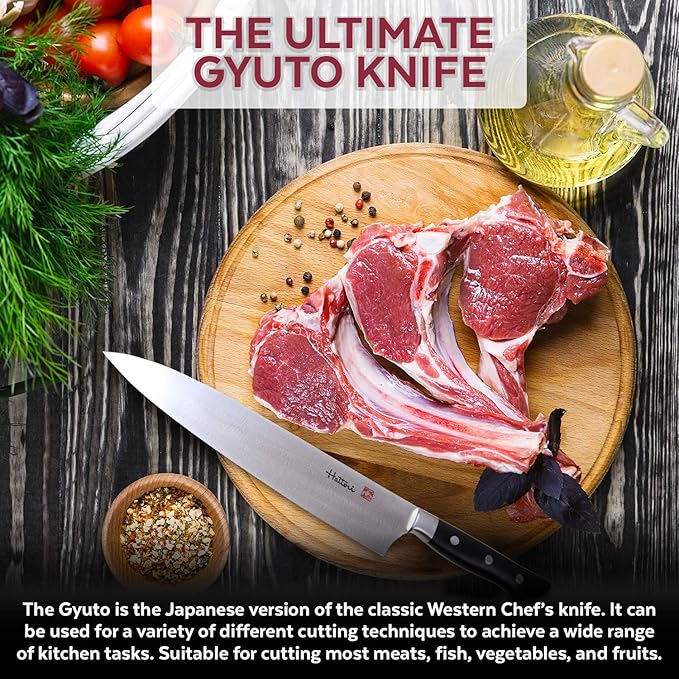 Hattori Japanese Chef’s Knife, FH-7L Professional Gyuto Knife, VG-10 Cobalt Steel Pro Kitchen Knife with Ergonomic Black Linen Micarta Handle, 9.4 inch