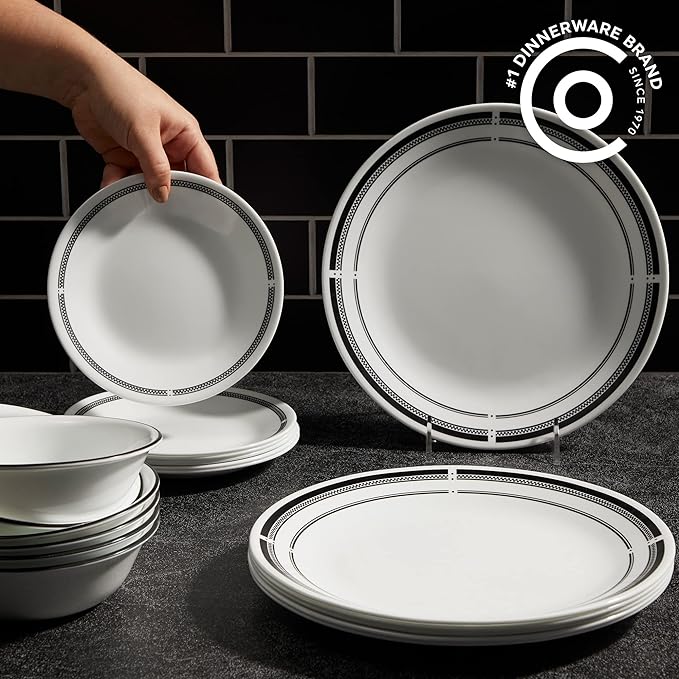 Corelle 18-Piece Round Dinnerware Set Service for 6, Lightweight Round Plates and Bowls Set, Vitrelle Triple Layer Glass, Chip and Scratch Resistant, Microwave and Dishwasher Safe, Brasserie