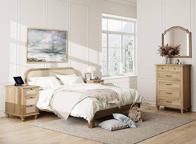 WAMPAT Set of 2 Rattan End Tables with Charging Station, Tall Side Tables Nightstand with Drawer & Storage Cabinet, Light Wood Bedside Table for Bedroom & Living Room, Burlywood