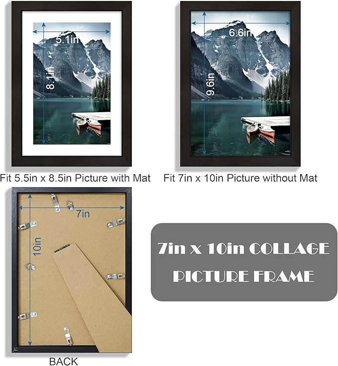 7x10 Frame with Real Glass - Display Pictures 5.5x8.5 with Mat or 7 x 10 without Mat, Photo Frame for Wall or Table Top Display(Black, 3 Pack)
