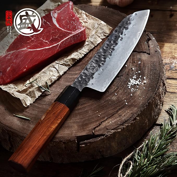 MITSUMOTO SAKARI Santoku Chef Knife 7 inch - Hand Forged Japanese Kitchen Knives, 3-Layer 9CR18MOV High Carbon Steel, Rosewood Handle & Sandalwood Box