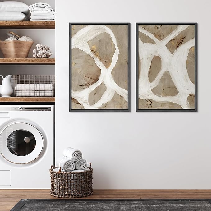 SIGNFORD Framed Canvas Print Wall Art Set Abstract White and Beige Brushstrokes on Neutral Illustrations Modern Art Decorative Bohemian for Living Room, Bedroom, Office - 24"x36"x2 Black