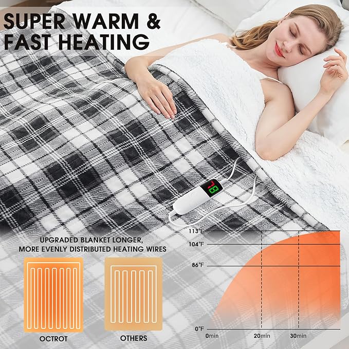 Black Heated Blanket Electric Full Size,72X84 Heating Blanket,Plaid Soft Sherpa Blankets Warmer Gift for Grandma Women Adult,Fast Heating Washable,ETL