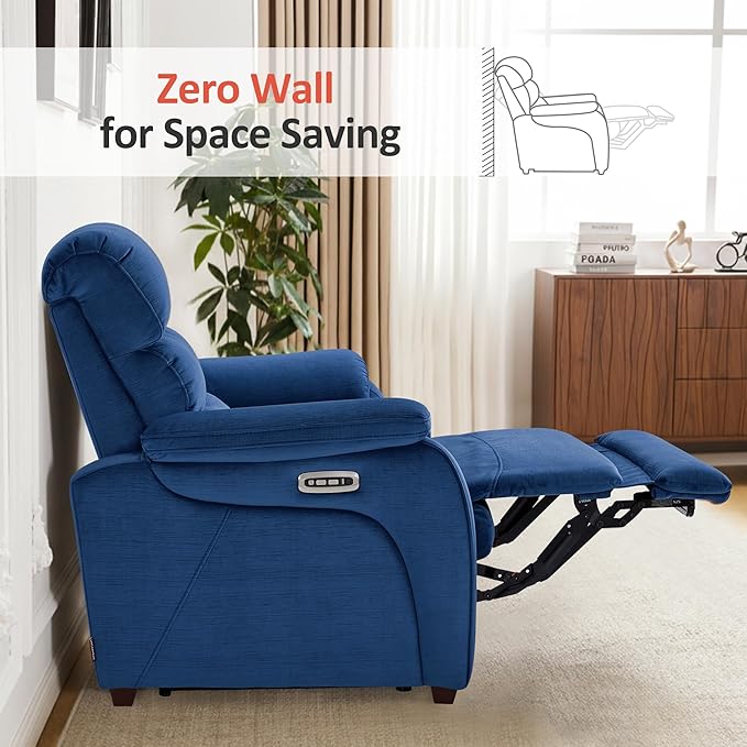 MCombo Zero Wall Recliner Loveseat, Power Recliner Loveseat with Adjustable Headrest, USB A & C Charge Ports, Wood Legs, for Living Room, RVs, Small Spaces (Fabric, ST258M1, Navy Blue)