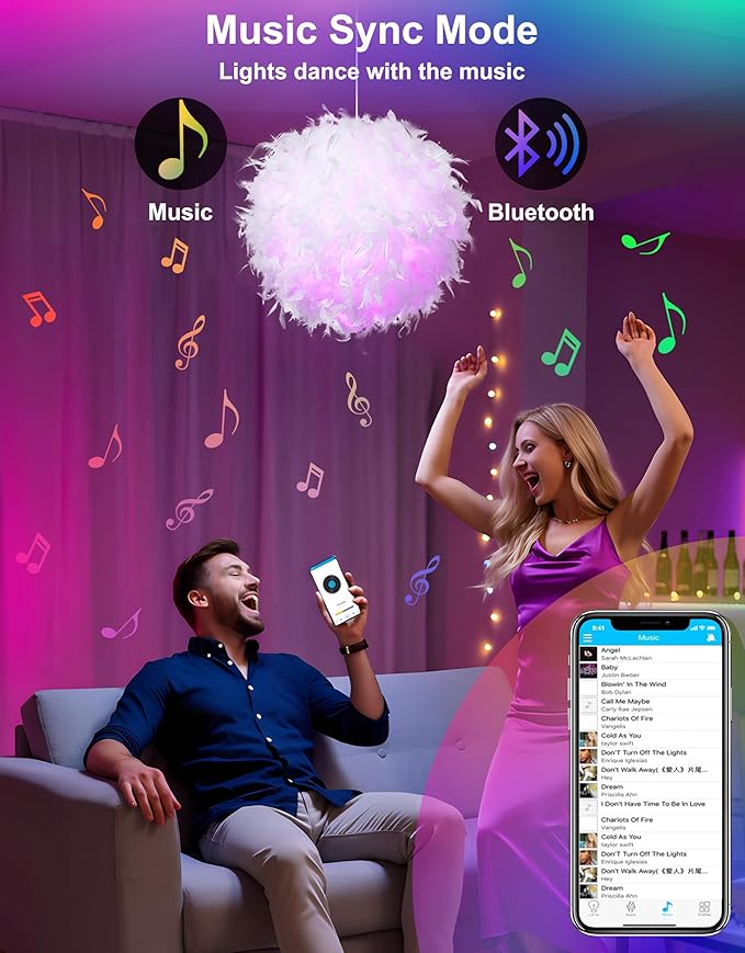 Star Vision Feather Lamp with Smart Light Bulb, Bluetooth Speaker & APP Control, Dimmable RGB LED Light,19.7inches, White
