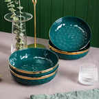 Stone Lain Florian 4-Piece Round Pasta Bowl Set, Green with Gold Rim