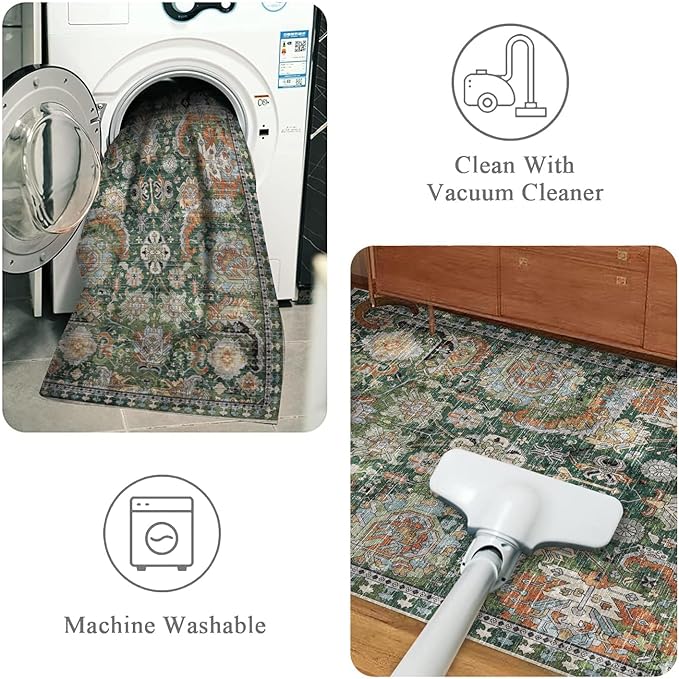 RUGSURE Washable Area Rugs - Perfect for Living Room, Bedroom, Kids Room, Nursery - Stain & Water Resistant Non-Slip, Pet & Child Friendly, Vintage Tribal Area Rugs (Green, 3' x 5 ')