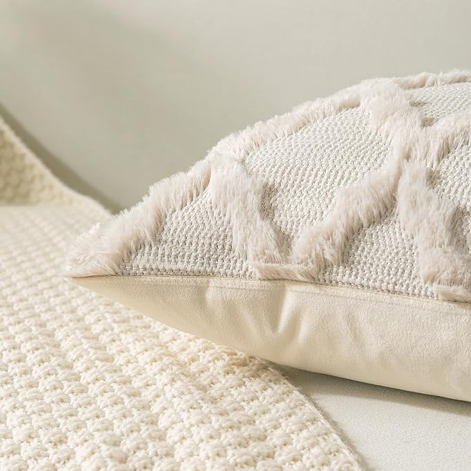 Set of 2 Soft Moroccan Throw Pillow Covers 18x18 Inch Plush Boho Decorative Pillow Cover Accent Cushion Case for Couch Sofa Bed, Beige