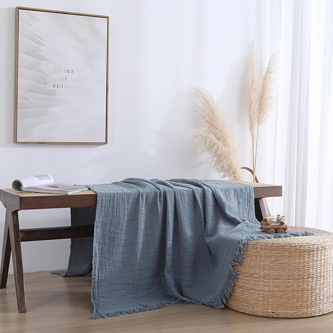 100% Cotton Muslin Throw Blanket for Bed, Couch, Small, Decorative, Soft, Pre-Washed, Breathable and Lightweight Gauze Blanket with Tassels, Suitable for All Seasons, Grey Blue, 50"x60"