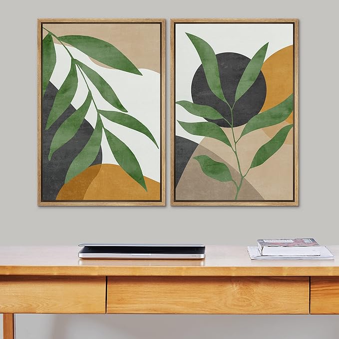 SIGNFORD Framed Canvas Print Wall Art Set Geometric Mid-Century Plant Collage Abstract Shapes Illustration Modern Art Decorative Nordic Nature for Living Room, Bedroom, Office - 24"x36"x2 Natural