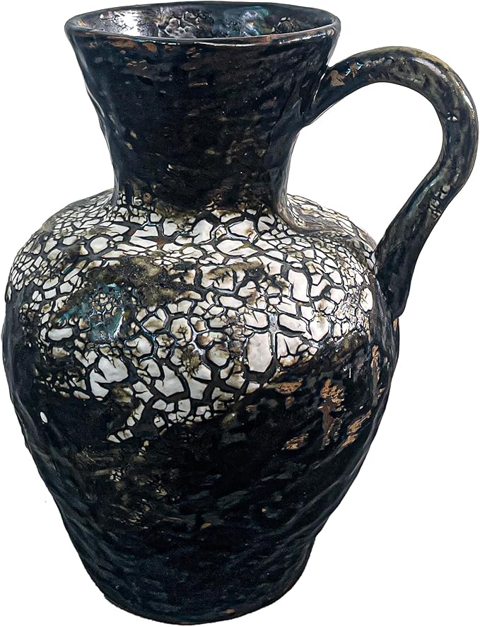 Rustic Pottery Ceramic Vase - Vintage Farmhouse Style Decor, White Grid Ceramic Vases for Home Decor, Modern Farmhouse Decor (White Black)