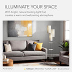 Adesso Trio Floor Lamp with Three Pull Chain Lights and Two-Tier Storage, Brushed Steel Base, White Linen Shades, 68” Tall, Enhances Room Decor and Lighting