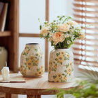 Levvohd Vintage Ceramic Vase, 7.9 Inch Chinoiserie Sunflower Yellow Floral Vases, Retro Ice Cracked Rustic Antique Flower Vases for Modern Coffee Table Home Decor (Medium Cylinder)