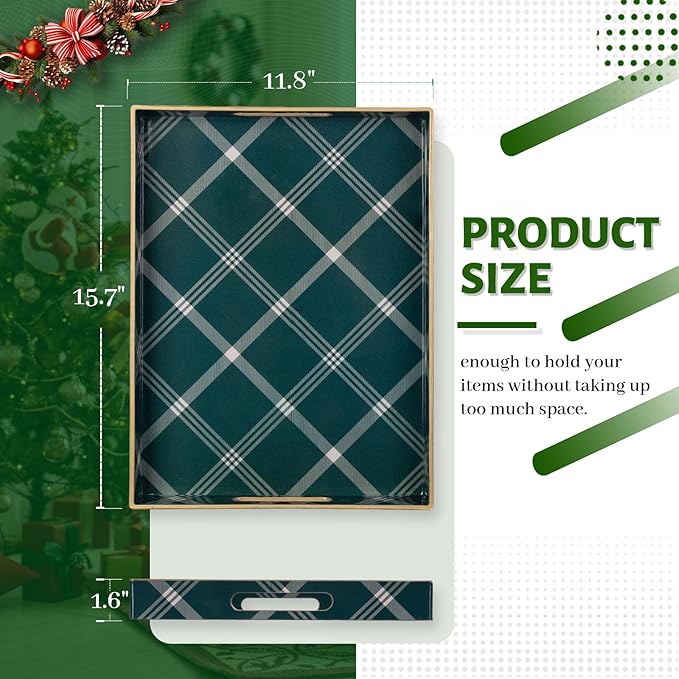 MAONAME Christmas Decorative Tray, Plastic Green Serving Tray with Handles, Modern Rectangular Christmas Trays, Coffee Table Trays for Living Room, Home Decor, 15.7" x 11.8" x 1.6"
