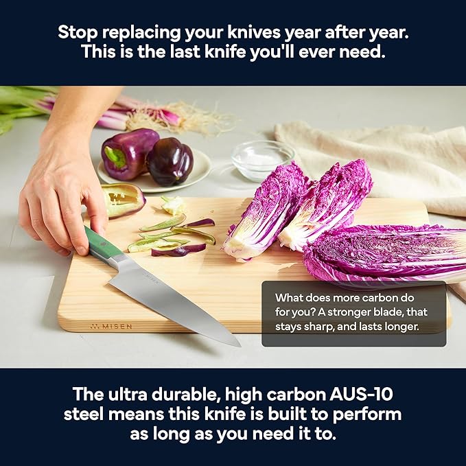 Misen 8" Chef Knife – High Carbon Japanese AUS-10 Stainless Steel – Hybrid German & Japanese Blade – Precision Kitchen Knife for Professionals & Home Cooks – Ultimate Cutting Performance - Green